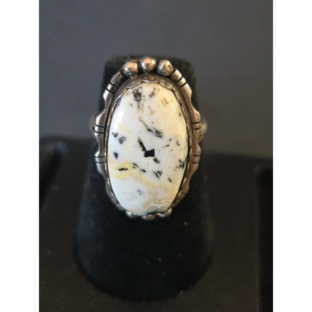VINTAGE LH SIGNED NAVAJO STERLING SILVER WHITE BUFFALO TURQUOISE RING SIZE 7